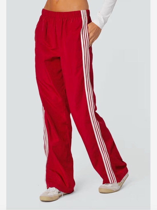 Pants - Women’s Red Track Pants with Side Stripes